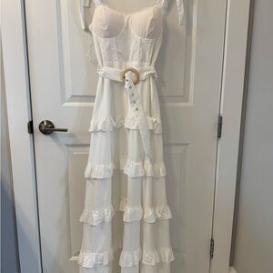 Main Strip White Maxi Dress with Ruffle Details